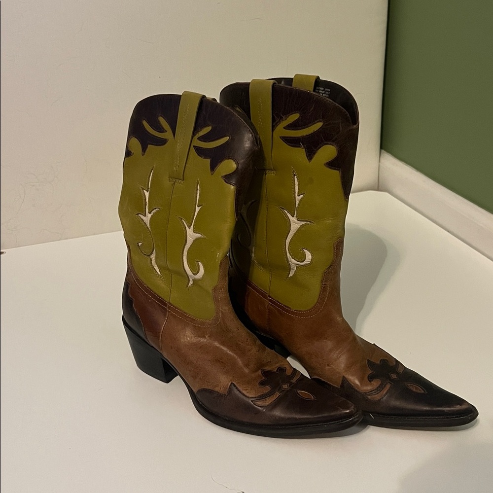 Vintage Brown and Green Western Cowboy Boots